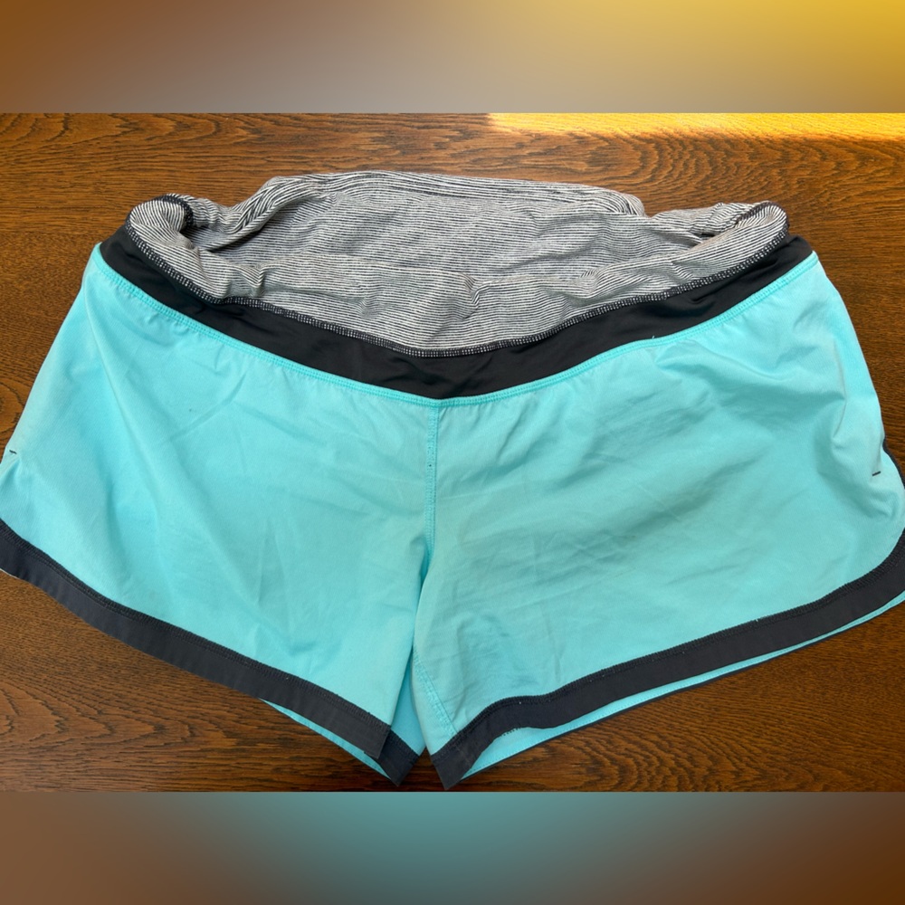 Lululemon Lined Running Shorts Turquoise/Charcoal Gray/pinstripe Blk/white. 10s.